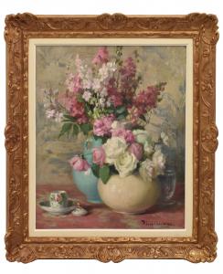 ALTE GEMÄLDE, JUGENDSTIL, STILLLEBEN MIT ROSENBLUMEN, ÖL AUF LEINWAND, 20. JAHRHUNDERT. (QF699)